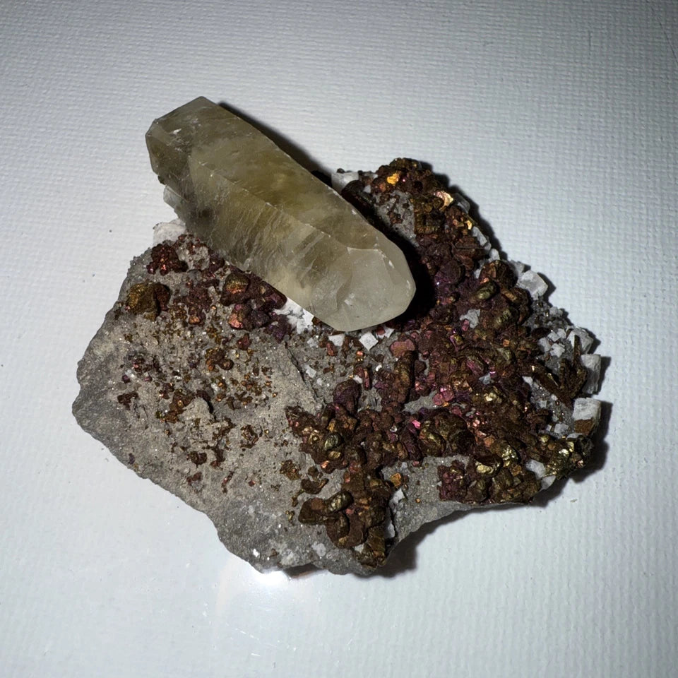 Chalcopyrite Crystal Cluster with Calcite Crystals on matrix From Mexico