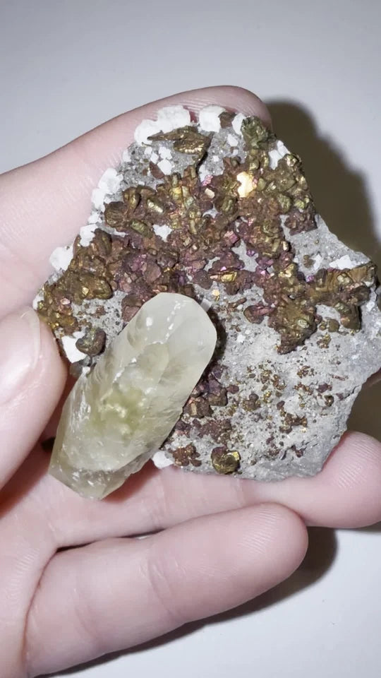 Chalcopyrite Crystal Cluster with Calcite Crystals on matrix From Mexico