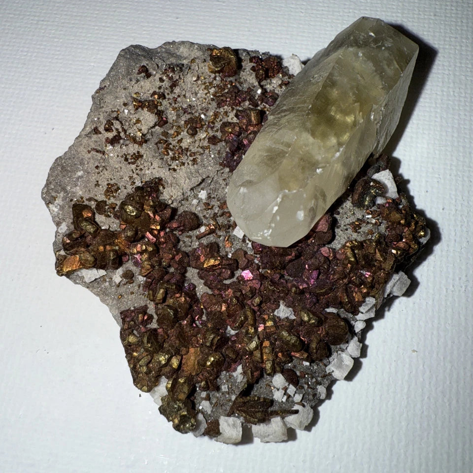 Chalcopyrite Crystal Cluster with Calcite Crystals on matrix From Mexico