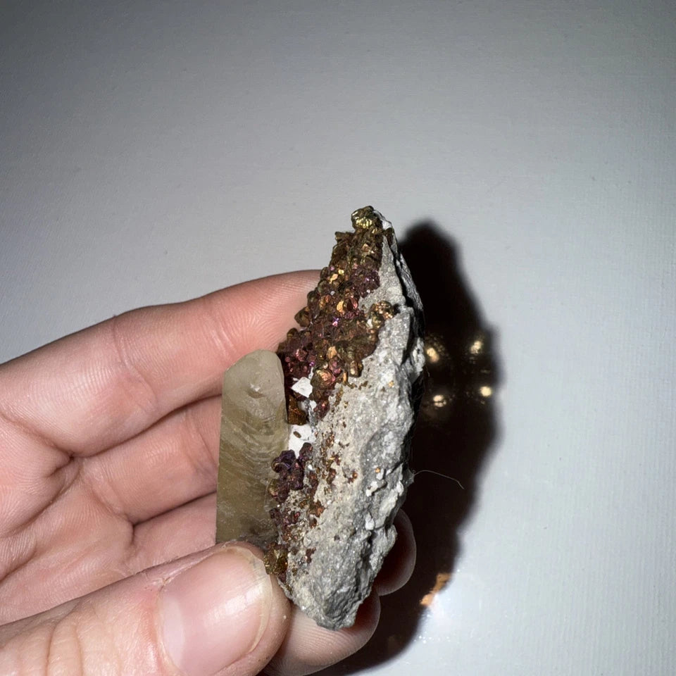 Chalcopyrite Crystal Cluster with Calcite Crystals on matrix From Mexico