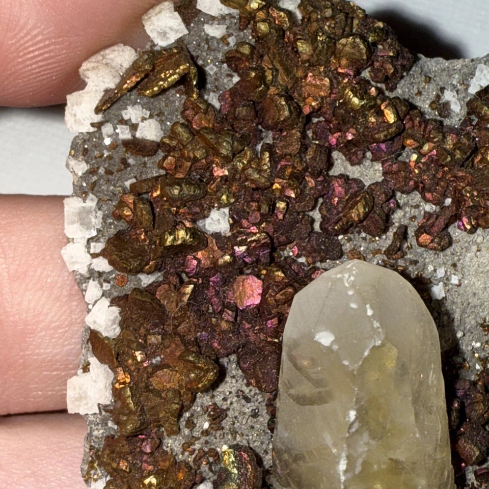 Chalcopyrite Crystal Cluster with Calcite Crystals on matrix From Mexico