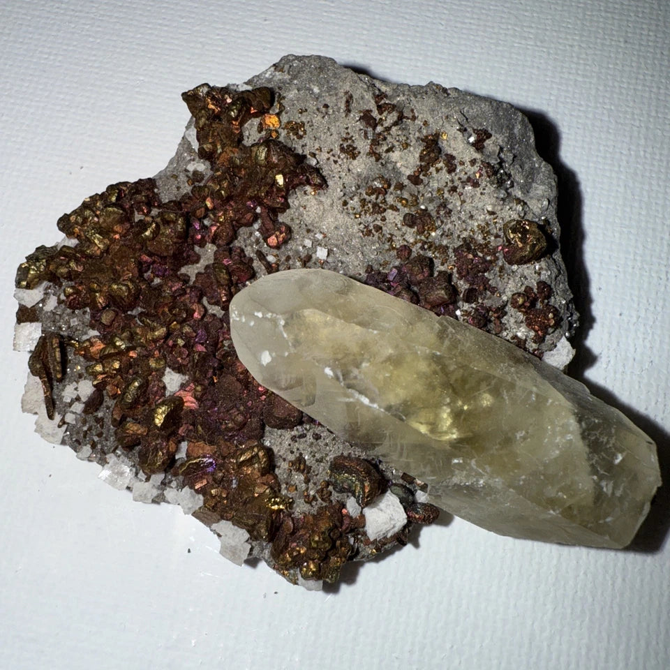 Chalcopyrite Crystal Cluster with Calcite Crystals on matrix From Mexico